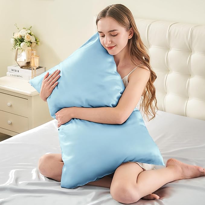 INFIIXSO Mulberry Silk Pillowcase for Hair and Skin, Silk Pillow Cases Queen Size Set of 2 with Hidden Zipper 20x30 Inches, Smooth and Soft Cooling Pillow Cases for Hot Sleepers(Light Blue, 2 Pack)