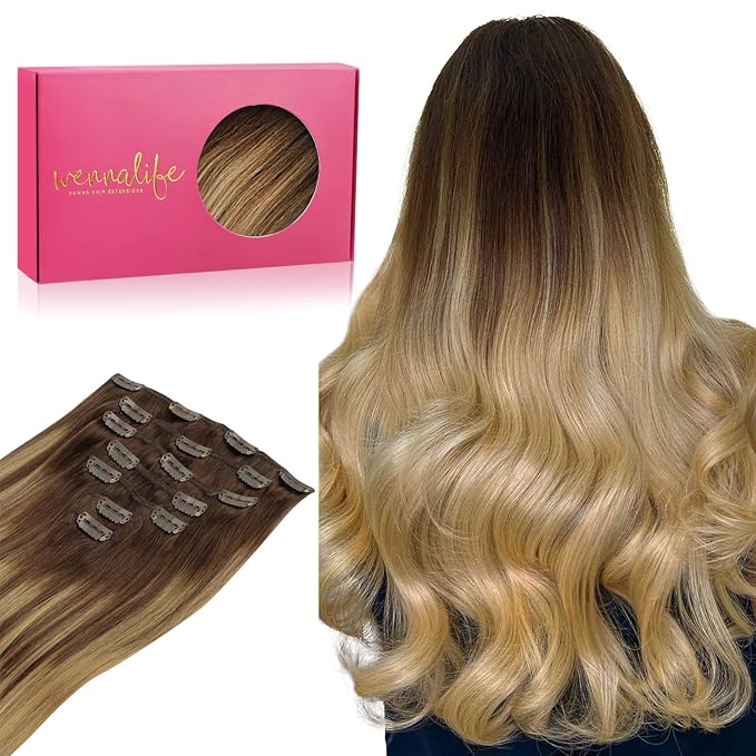 WENNALIFE Clip in Hair Extensions Real Human Hair, 20 Inch 120g 7pcs Balayage Chocolate Brown to Dirty Blonde Hair Extensions Clip In Human Hair Remy Clip in Hair Extensions Natural Human Hair