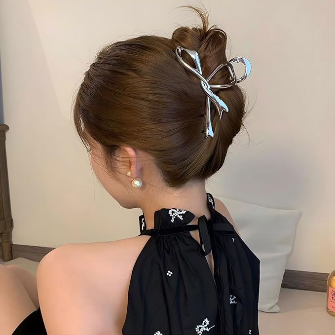 Silver Ribbon Bow Metal Hair Clips, Alloy Elegant Non-Slip Strong Hold Grip Jaw Clip for Thick and Thin Hair