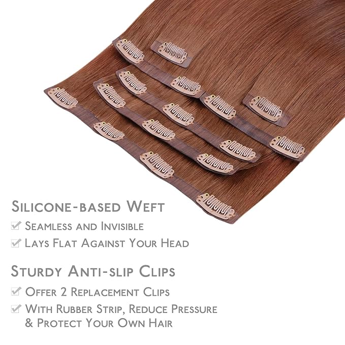 WENNALIFE Seamless Clip In Hair Extensions Human Hair, 16 Inch 130g 7pcs Dark Auburn Copper Real Hair Extensions Clip in Human Hair Invisible PU Skin Weft Natural Remy Human Hair Extensions