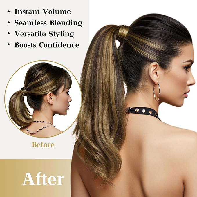 Ve Sunny Hair Extensions Ponytail Real Human Hair Wrap Around Clip in Ponytail Hair Extensions Straight Extensions Human Hair for Women Black Ombre Dark Brown Balayage Caramel Blonde 20inch 80G