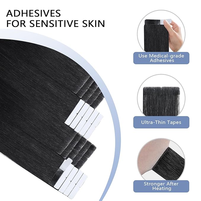 COOKAYU Invisible Tape in Hair Extensions, 16 Inch 35g 20pcs Jet Black Seamless Straight Invisible Extensions Human Hair Invisi Edge Tape ins