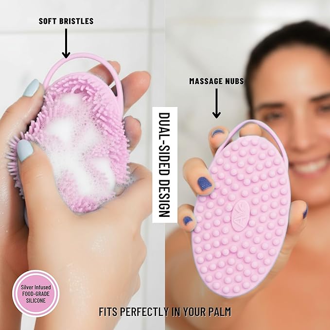 Silver Infused Silicone Body Scrubber Shower - Gentle Back Scrubber Soft Bristles - Avilana Premium Dual Sided Bath Brush Massage - Advanced Material Loofah Alternative - Gift Women Men