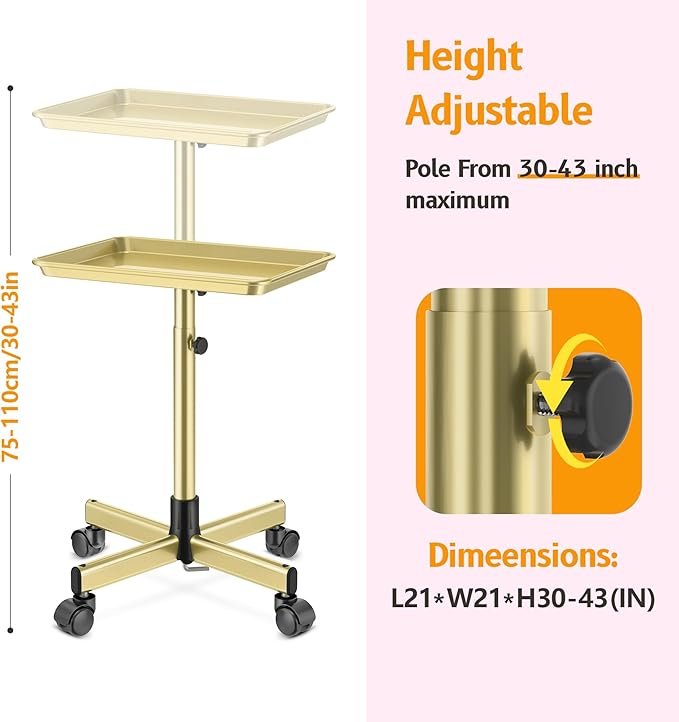 Salon Tray on Wheels - Premium Aluminum Tattoo Tray Rolling Trolley - Adjustable Salon Service Rolling Tray Hairdresser Cart with Clinic Spa Rolling Tray Wheels (Bronze)