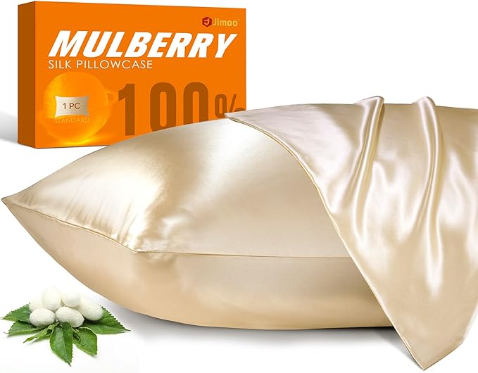 J JIMOO 100% Mulberry Silk Pillowcase for Hair and Skin, 22 Momme Pure Natural Silk Pillow Case Both Sided with Zipper, Pillow Cover for Women Mom Men (Beige, Queen 20''×30'', 2 Pack)