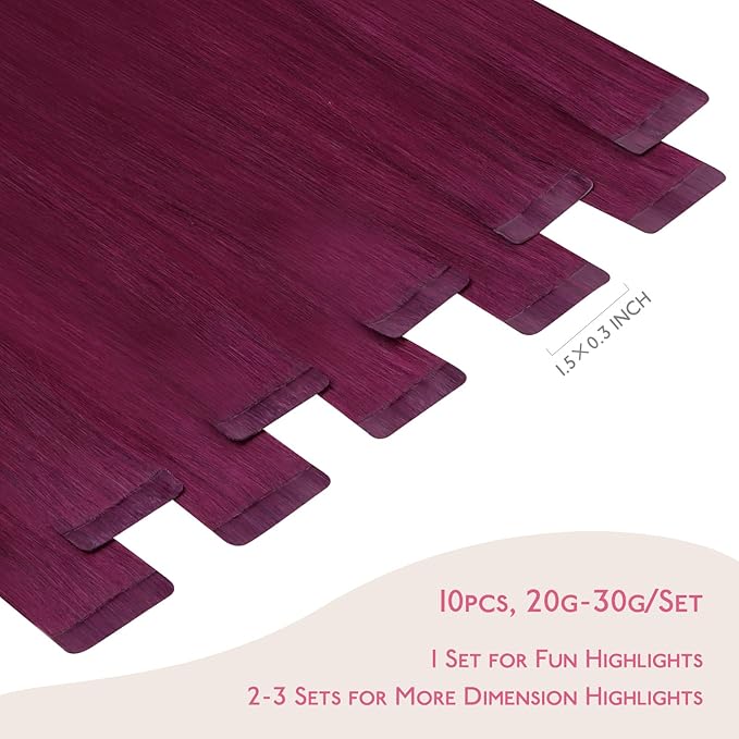 WENNALIFE Tape in Hair Extensions Human Hair Light Burgundy Tape in Extensions, 10pcs 30g 20 inch Remy Invisible Tape Ins Straight Colored Soft Real Human Hair Tape in Extensions Refill Set Extensions