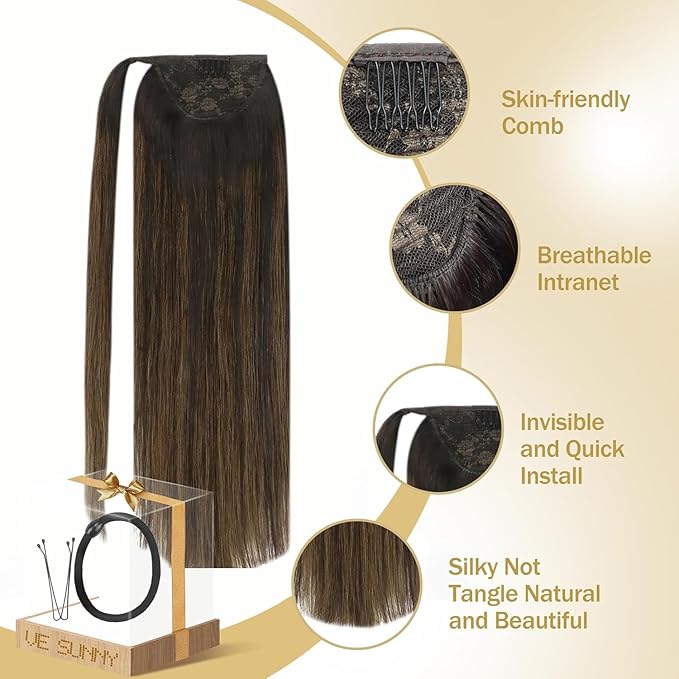 Ve Sunny Hair Extensions Ponytail Real Human Hair Wrap Around Clip in Ponytail Hair Extensions Straight Extensions Human Hair for Women Dark Brown Balayage Chestnut Brown 16inch 80G