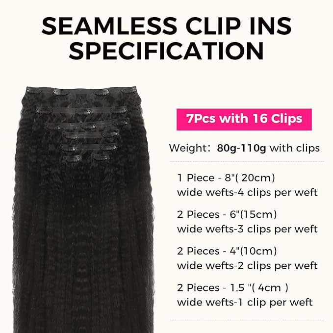 Lashey Hair Extensions Real Human Hair Kinky Straight 110g Natural Black Hair Extensions Seamless Clip in Human Hair Extensions 20 Inch Natural and Soft Invisi Edge Hair for Women