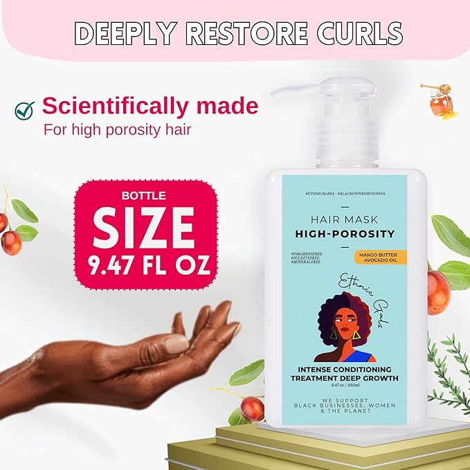 Ethnic Gals High Porosity Hair Mask - Deep Moisture & Repair Treatment for Curly, Coily, Dry Hair with Shea Butter & Argan Oil, Restores Softness & Shine, 9.5 fl oz (280ml)