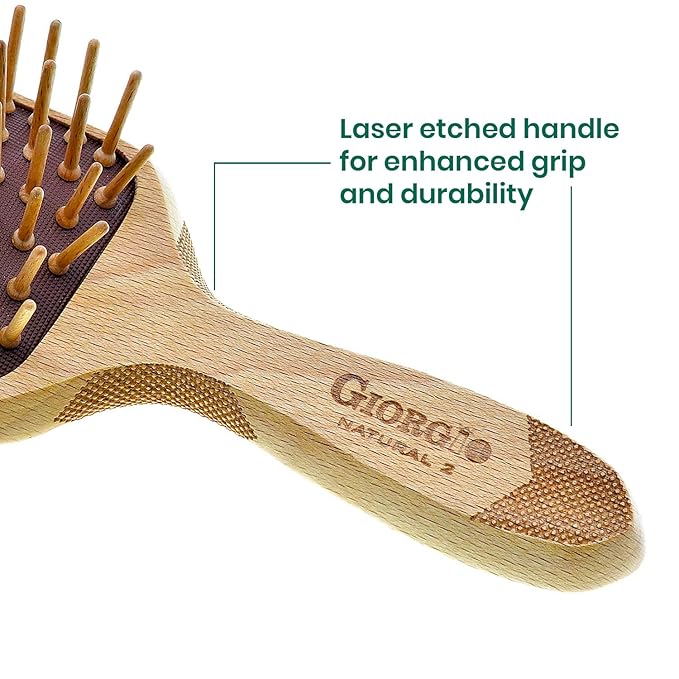 Giorgio Eco Friendly Wooden Bristle Hairbrush - Small Detangling Brush and Hair Growth Brush for Thick or Long Hair - Paddle Hair Brush Made with Anti Static Beechwood, Silicone Massage Cushion