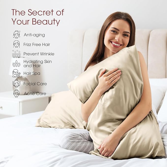 100% Silk Pillow Cases 2 Pack Queen Size Mulberry Silk Pillowcase for Hair and Skin Set of 2 Highest Grade 6A Silk Soft Breathable Cooling with Hidden Zipper, Beige