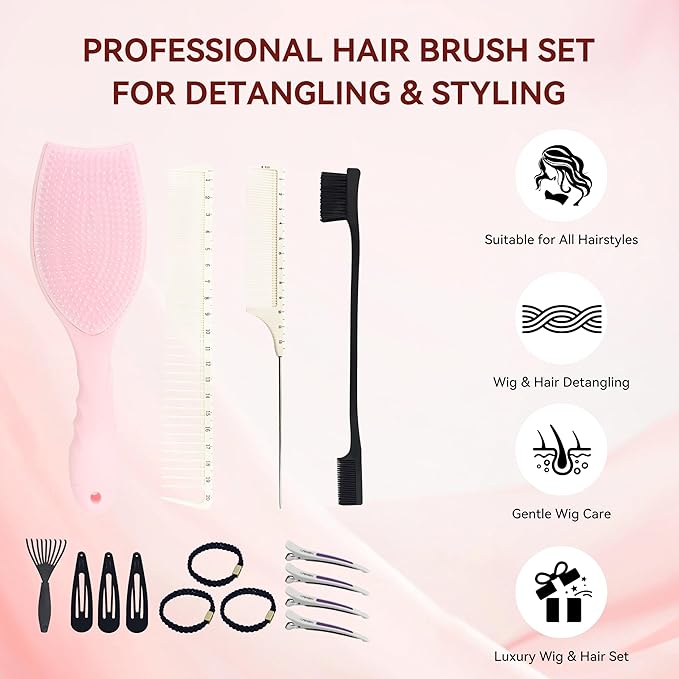 Hair Brush Set, Professional Styling Tools with Combs and Accessories, Pink, Gift Box Included (Pink Brush+Black Brush)