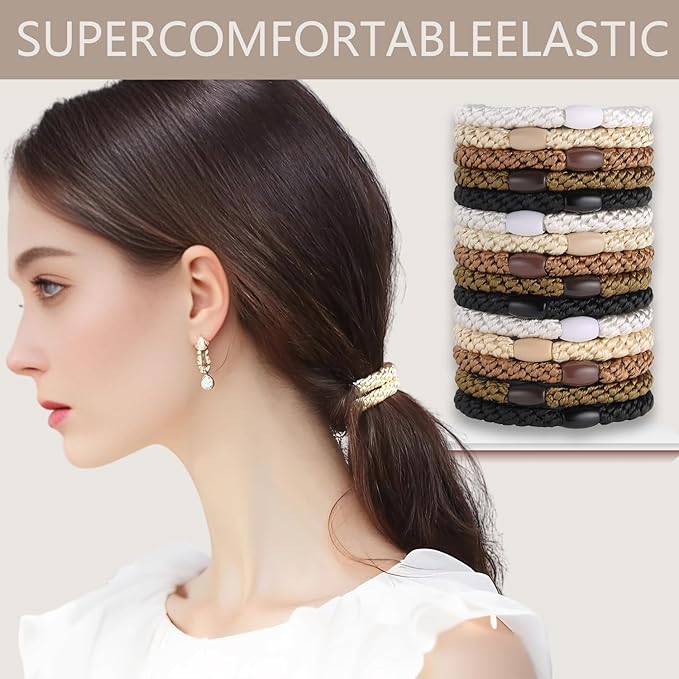Hair Ties for women 4 popular styles Hair Elastics (15pcs No Damage Hair Ties 50pcs High Elastic Ties 15pcs Ponytail Holders 12 Satin Scrunchies) Pain-free No Crease multiple colors for all hair types