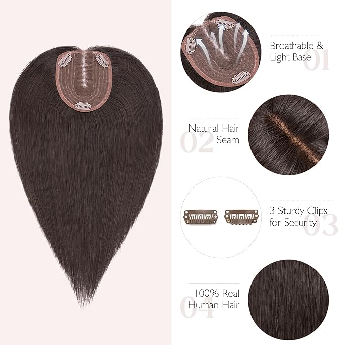 Hairro 100% Human Hair Topper No Bangs, Real Clip in Hair Hairpieces for Women, 3.94x4.72" Silk Base for Thinning Receding High Hairline, 12 Inch Natural Black Middle Part