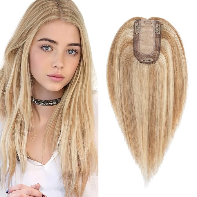 SEGO Real Human Hair Topper for Women, No Bangs Hair Topper with Anti-Slip Clips (18 Inches Golden Brown Mix Bleach Blonde)