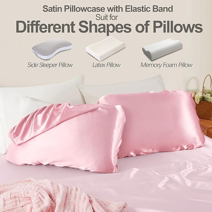 SiinvdaBZX Blush Pink Satin Pillowcase Standard/Queen Size Set of 2, Silky Travel Elastic Band Satin Pillow Case for Hair and Skin, Soft Portable & Fit for Various Pillow