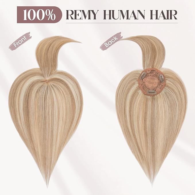 MY-LADY Human Hair Toppers for Women Real Human Hair with Bangs Thin 8.5 * 8.5CM Mono Base Clip in Remy Hairpieces Light Weight 10 Inch Golden Brown Mixed Bleach Blonde