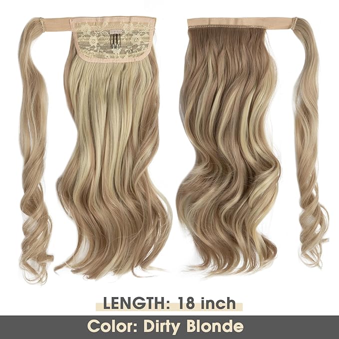 CJL HAIR 18" Long Ponytail Hair Extension Wrap Around Pony Tail Clip in Curly Wavy Synthetic Fake Hairpiece for Women Dirty Blonde