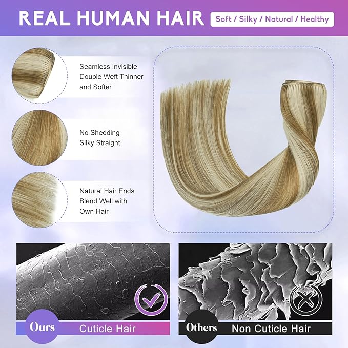 Blonde Clip in Hair Extensions Real Human Hair, 22 Inch 110g Natural Human Hair, Remy Human Hair Extensions Cip ins for Women 8pcs Per Set #16/22 Light Blonde Highlighted Golden Blonde