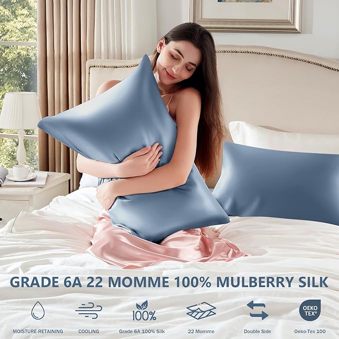 Silk Pillow Cases 2 Pack Standard Size Mulberry Silk Pillowcase Set of 2 for Hair & Skin 26 x 20 Inches 22 Momme Both Sided Grade 6A Silk Soft Breathable Cooling with Hidden Zipper, Grey Blue