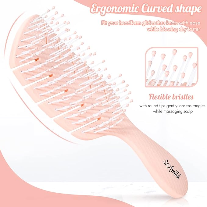 Hair Brush,Curved Vented Paddle Detangle Brush for Faster Blow Drying,Soft Flexible Bristles Glide Thru Tangles with Ease, Detangling Styling Hair Brushes for Women Curly Thick Wet Hair