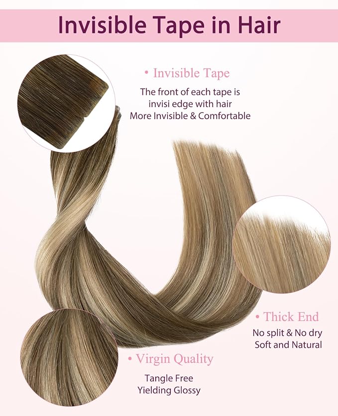 Pinkpearl Invisible Tape in Hair Extensions Human Hair, 20pcs 18inch 50g #3/8/22 Balayage Walnut Brown to Ash Brown and Golden Blonde Injection Tape in Extensions Real Remy Human Hair Injected