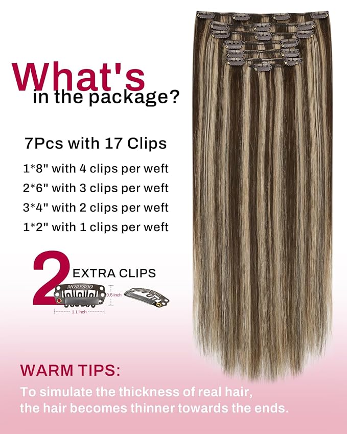 Moresoo Clip in Hair Extensions Brown with Blonde Highlights Double Weft Real Human Hair Extensions Clip ins Dark Brown with Honey Blonde for Women Straight Soft 120g/7pcs 16 inch