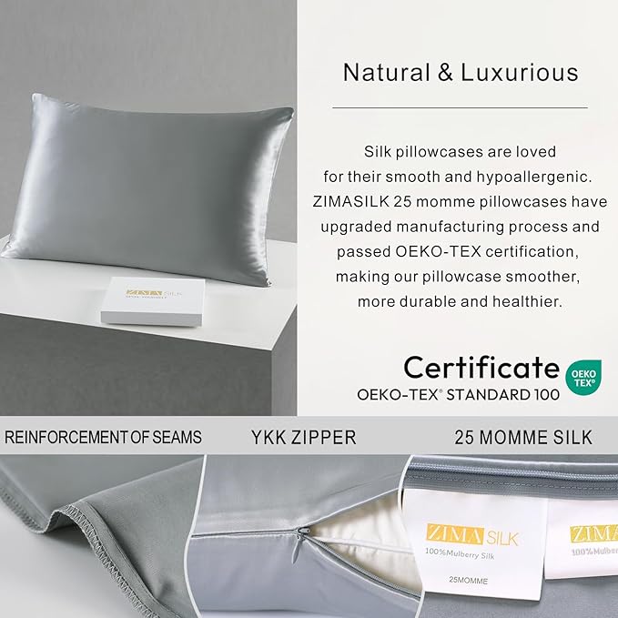 ZIMASILK 25 Momme 100% Pure Mulberry Silk Pillowcase for Hair and Skin Care, Highest Grade 6A Pillow Cases for Women, Long-Lasting Durablity, Gift for Women Men, 1Pc (Standard 20"x26", Iron Gray)