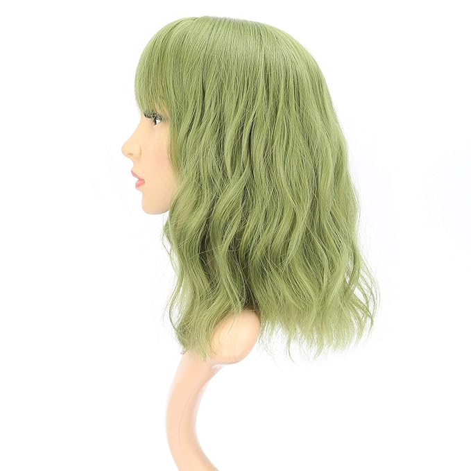 FAELBATY Green Wave Bob Wigs With Bangs Synthetic Cosplay Wig for Girl Shoulder Length Wig for women Costume Wigs(12" Light Jade Green)