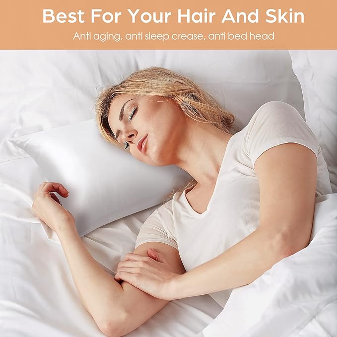 Silk Pillowcase for Hair and Skin, 2 Pack 100% Mulberry Silk Pillowcase 25 Momme, 600 Thread Count, Both Side Pure Silk Pillow Cover with Hidden Zipper (White, Standard 20''×26'')