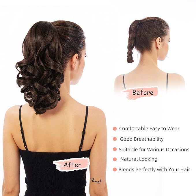 Ponytail Extension, Clip on Ponytails for Women, 12" Claw Clip in Short Curly Wavy Pony Hair Extension for Women - Light Brown