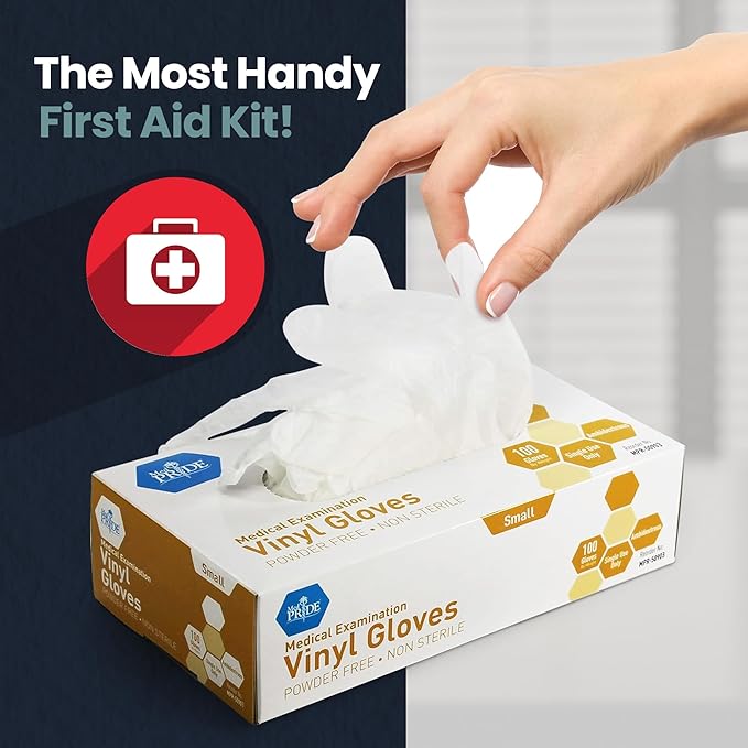 MED PRIDE Medical Vinyl Examination Gloves (Small, 100-Count) Latex & Rubber Free, Ultra-Strong, Clear Disposable Powder-Free Gloves for Healthcare & Food Handling Use