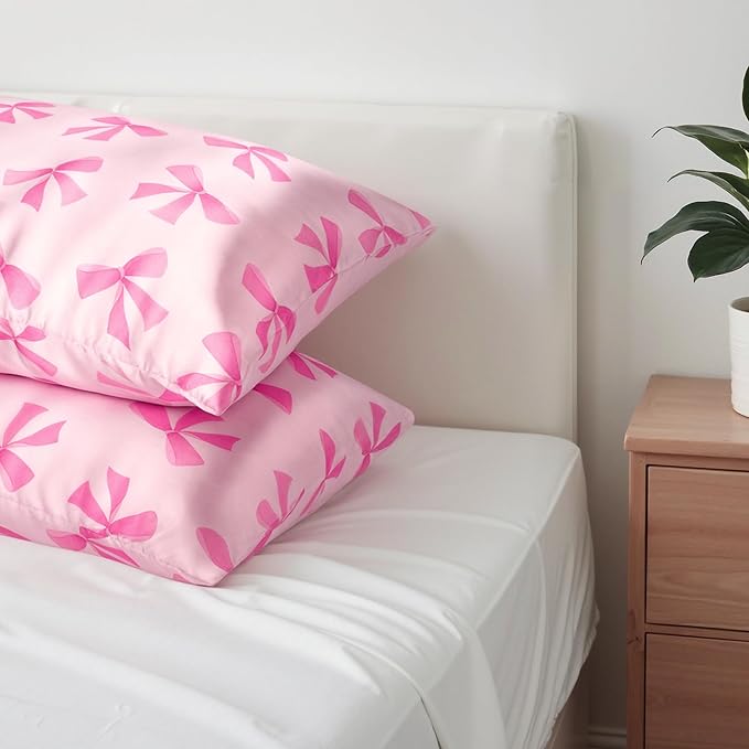 Pink Bow Satin Pillowcase for Hair & Skin Care, Queen Size Set of 2 - Luxurious Satin Pillow Cover with Envelope Closure(20x30 Inches)