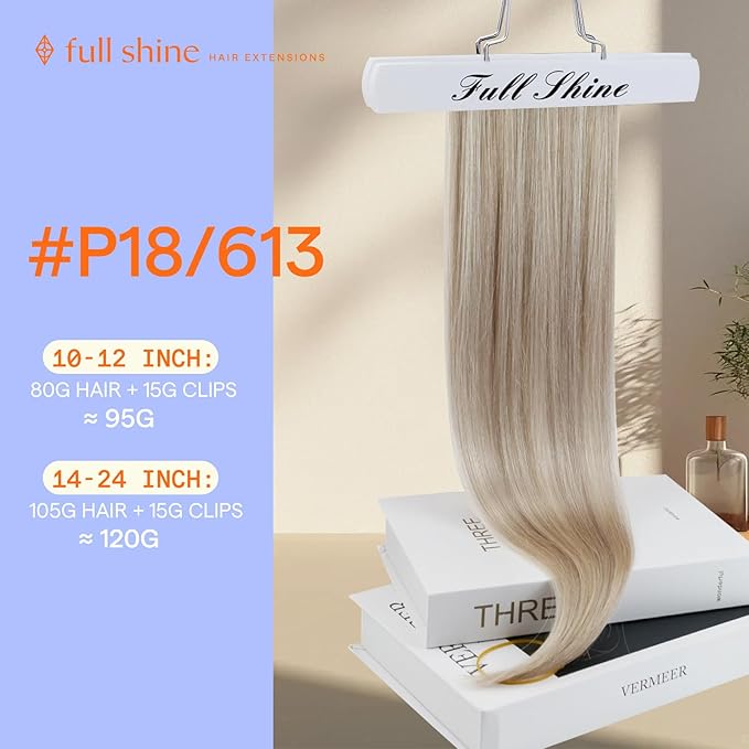 Full Shine Clip in Extensions Human Hair Blonde Clip in Hair Extensions Real Human Hair #18P613 Ash Blonde Highlighted Hair Extensions Remy Hair Brazilian Hair 7 Pcs 16 Inch 120 G
