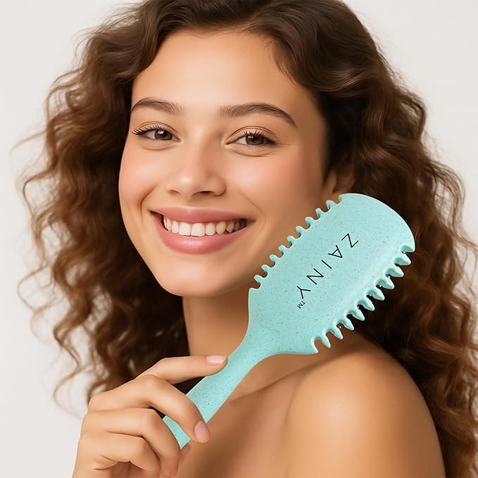 ZAINY Curl Defining Curly Hair Brush 2 PC Set, Wide Tooth Comb for Curls, Detangler Wet Hairbrush & Shower Comb for Wavy Hair Styling, Detangling Gift Sets for Women, Girls, Kids, Toddler, Men - Green