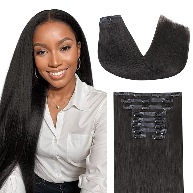 Lashey Clip in Hair Extensions 150g 9pcs Light Yaki Straight Seamless Clip in Human Hair Extensions Natural Black 20 Inch Hair Extensions for Women