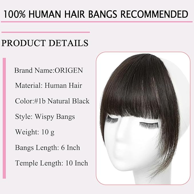 ORIGEN Clip in Bangs Real Human Hair Clip on Wispy Bangs Fringe with Temples Hairpieces Fake Front Bangs Extensions for Women Brown Black Color