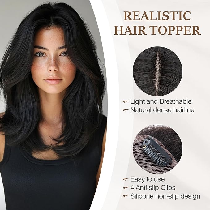 Rich Choices Hair Toppers for Women Real Human Hair 100% Human Remy Toppers NO Bangs for Women with Thinning on Top Clip in Hairpiece 4"x4.7"Lace Base 18 Inch #1B Natural Black