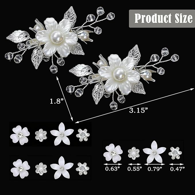 14 Pcs Flower Girl Hair Accessory Bridal Hair Clips Handmade Silver Leaf Floral Pearls Crystal Design with Mini Flower Hair Accessories for Girls & Women (white)