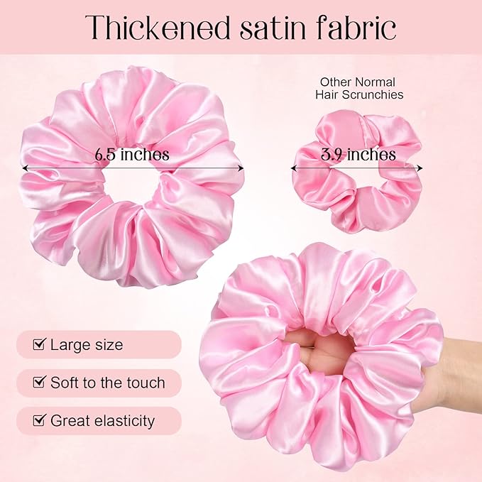 CEELGON Large Silk Satin Scrunchies for Women Big Scrunchies Jumbo Satin Hair Ties Oversized Hair Scrunchies for Thick Curly Hair Pack of 6 (Pink)
