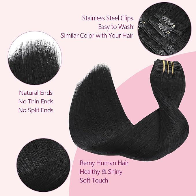 PINKPEARL Clip in Hair Extensions Real Human Hair #1 Jet Black Human Hair Extensions Clip ins 18 inch Extensions Human Hair Clip 120g 7pcs Straight Thick Natural Human Hair(#1-18)