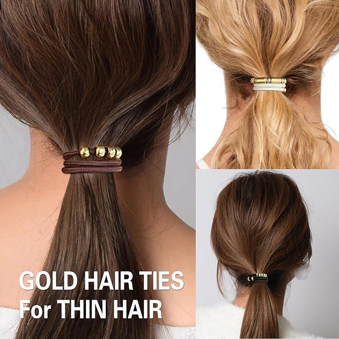 Brown Bracelet Hair Ties for Women, 5 Pack Cute 3mm Thick Elastic Ponytail Holders Accessories No Damage Stretchy Beaded Pony Tails Hair Ties with Gold Metal Charms Beads