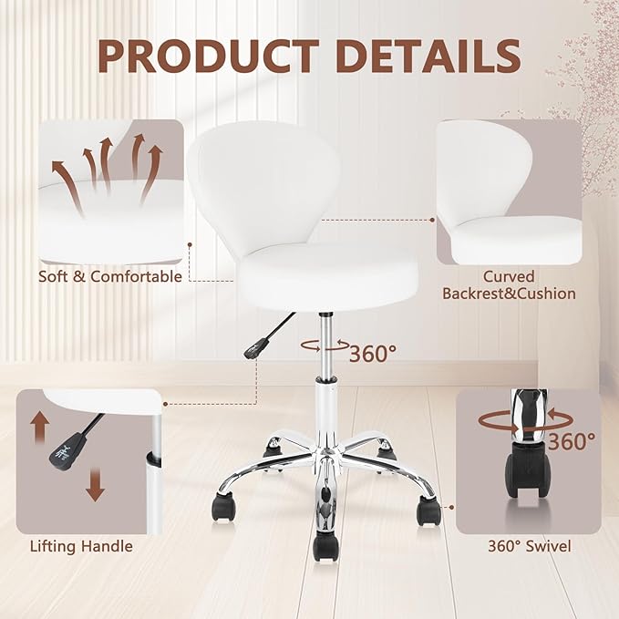 Set of 4 PVC Faux Leather Rolling Swivel Salon Stool Chair with Low Back Support Adjustable Hydraulic Seat Height 22 IN Diameter 15 IN for Office Massage Facial Spa Medical Tattoo White 4 Pack