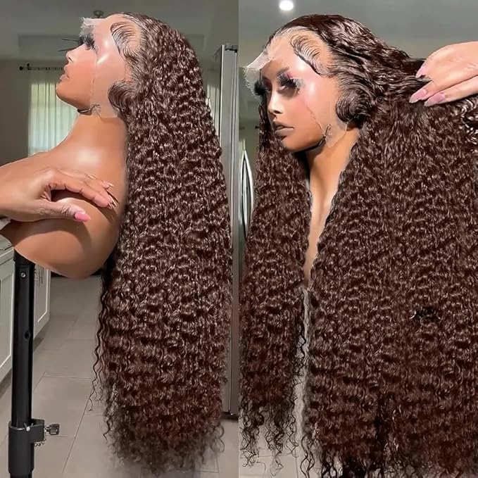 250% Density 34 Inch 13x6 FULL SKINLIKE HD Chocolate Brown Deep Curly lace front wigs Pre Plucked Real 0.10mm Ultra-thin Invisible Water Wave HD Lace Front Wigs Human Hair Small Knots Full Virgin Hair