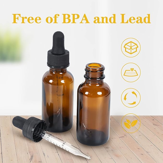 1 oz Dropper Bottle 12 Pack Amber Glass Boston Bottles 30ml with Eye Droppers Black Caps for Essential Oils, Perfume, Leak Proof Travel Bottles for Liquids