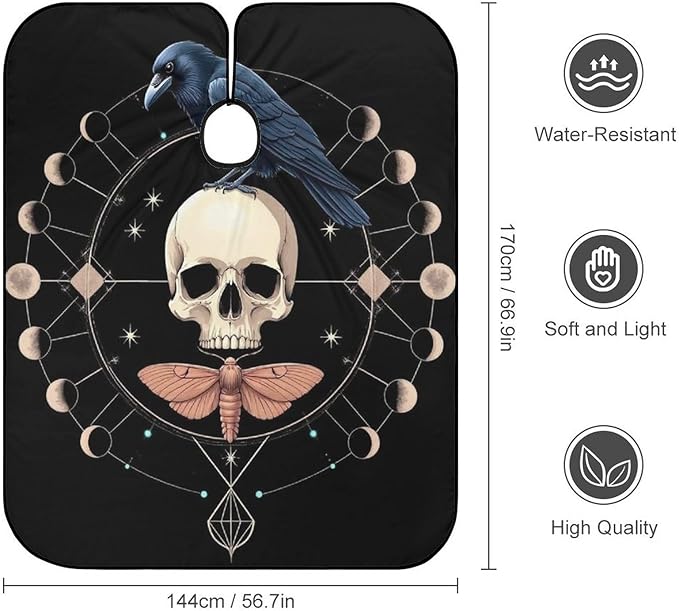 Large Size Salon Barber Cape, Black Raven Moon Skull Professional Hair Cutting Cape for Men Women