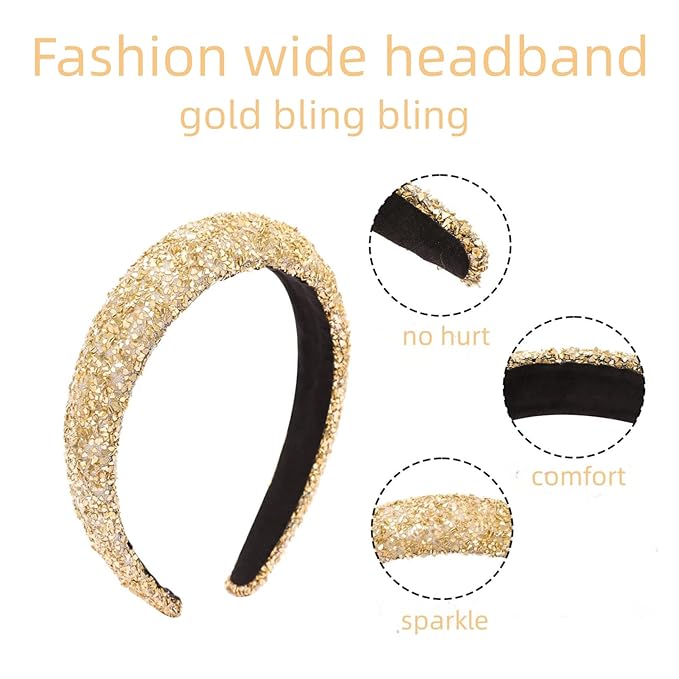 Gold Sparkle Headband for Women Fashion Glitter Wide Headbands Bling Comfortable High Elastic Head Band Hairband Hairhoop Hair Accessories for Women