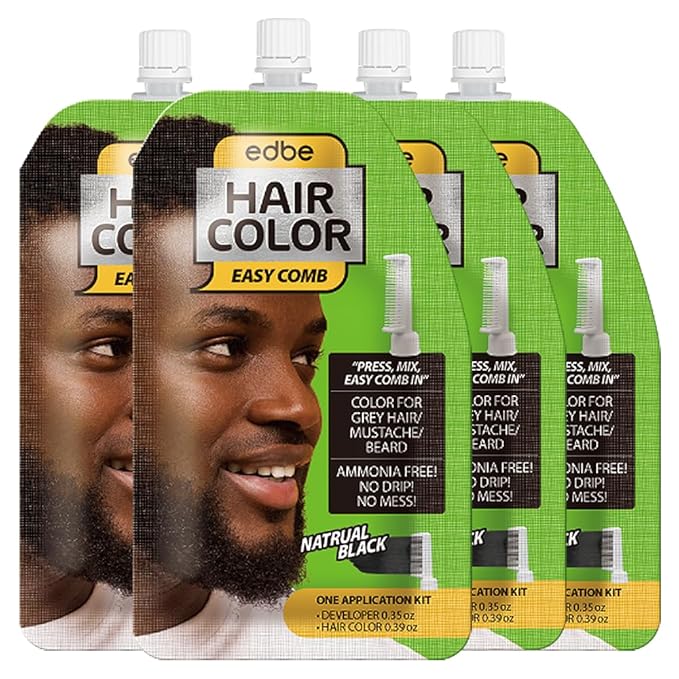 Edbe Hair Color Easy Comb Natural Black (4 Pack) – Grey Hair, Mustache, and Beard Coloring for Men with One Application Kit
