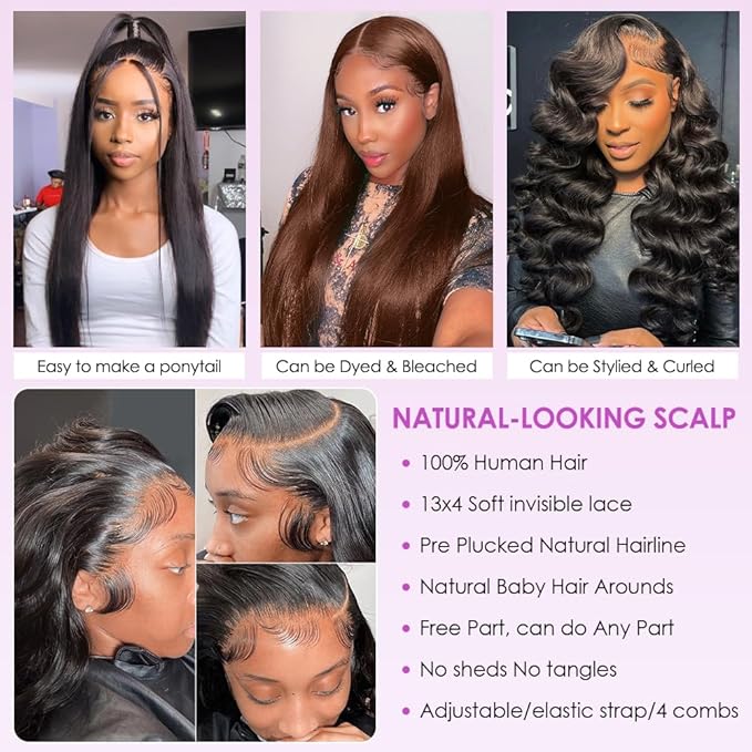 Hermosa 220% 13x4 Lace Front Wigs Human Hair Pre Plucked with Baby Hair 28 inch 12A Brazilian Straight Human Hair Wigs for Women Natural Hairline Natural Color