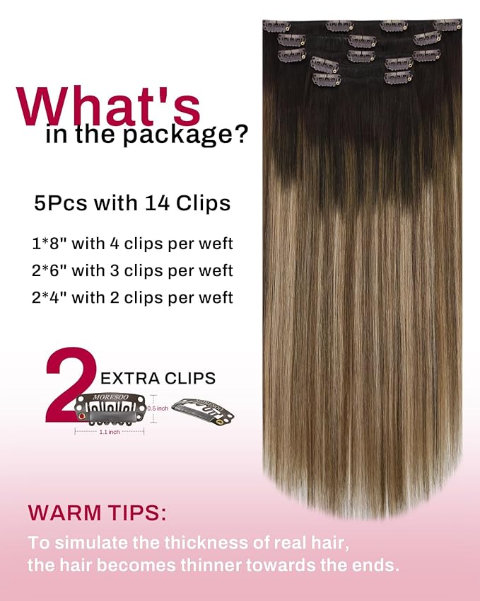 Moresoo Human Hair Clip in Extensions Brown to Blonde Balayage Real Human Hair Extensions Clip ins Remy for Women Medium Brown to Golden Brown with Dark Honey Blonde 80g/5pcs 22in